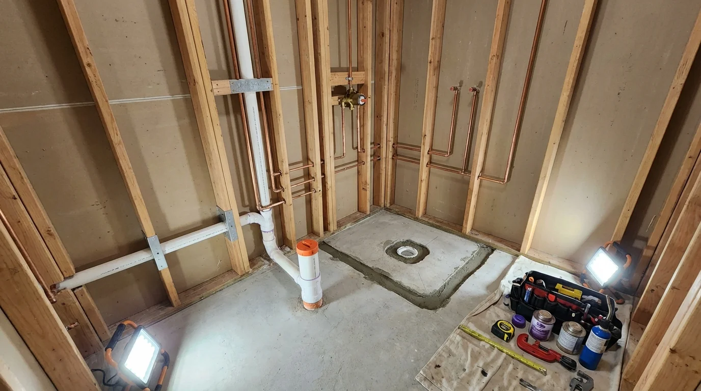 Bathroom rough-in plumbing during remodel by Johns Plumbing LLC in Odenton