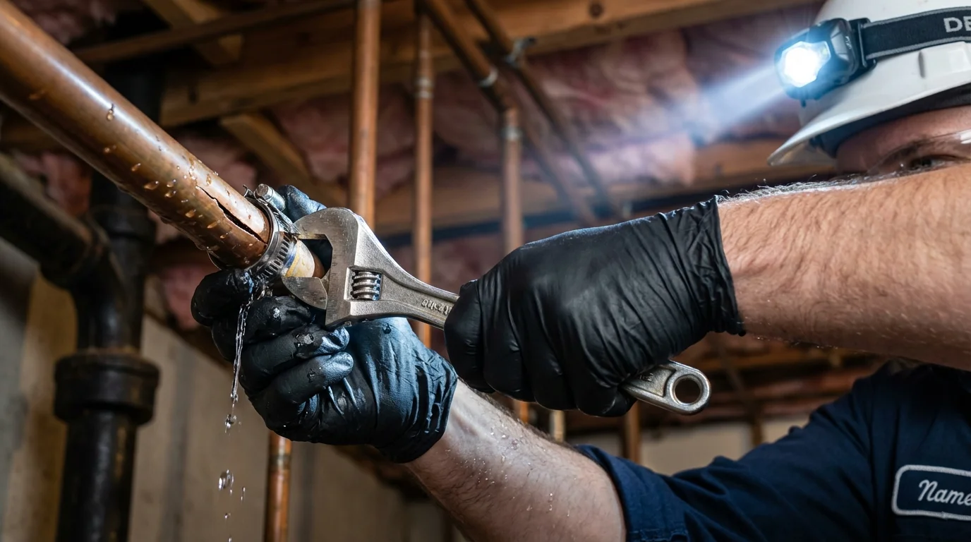Emergency pipe clamp repair being performed by a Johns Plumbing LLC plumber in Odenton
