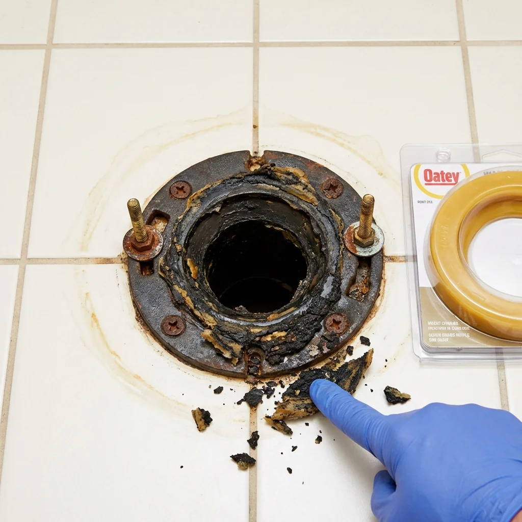 Failed wax ring showing water seepage at the base of a toilet in a Odenton, MD home