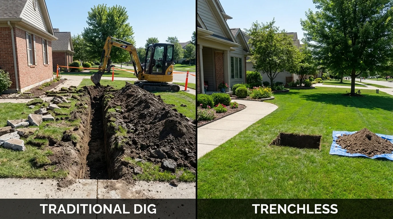 Trenchless sewer repair with minimal yard damage versus traditional excavation in Odenton, MD