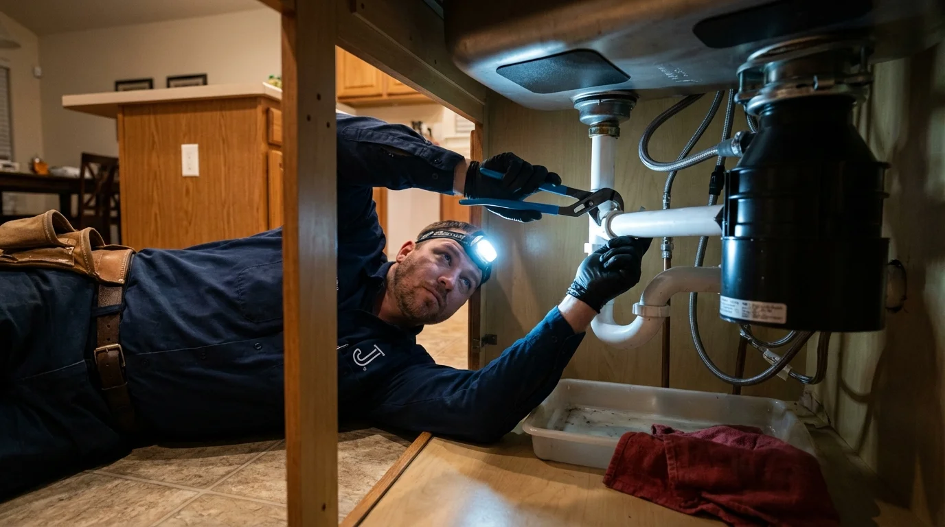 P-trap and supply line connections under a kitchen sink showing a common leak point in Odenton, MD